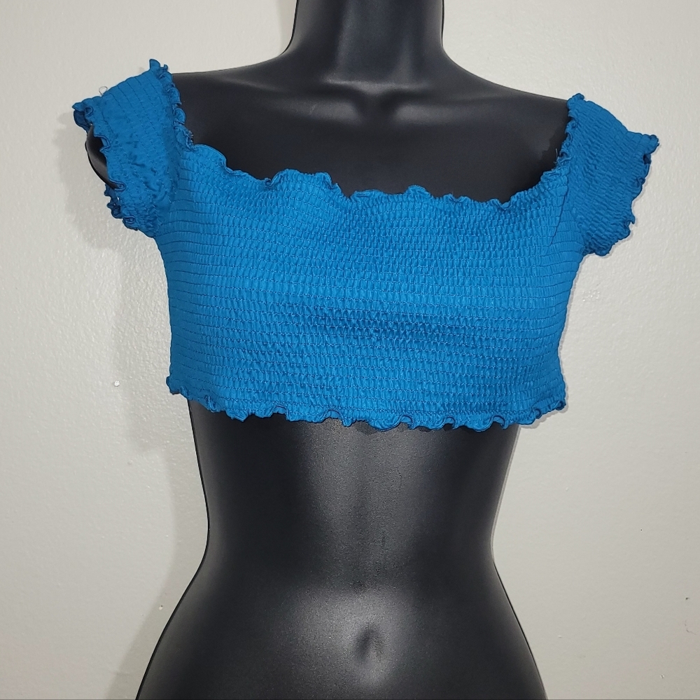 🍒 PINK Victoria’s Secret Smocked Off-the-Shoulder Bikini Top - Blue - Size M